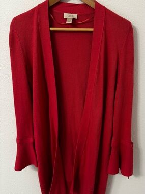 LOFT Long Deep Pinkish-Coral Open-Front Women's Cardigan with Bell Sleeves